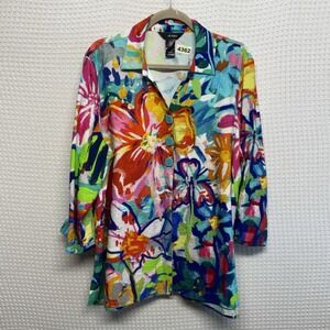Ali Miles Artsy Floral Button Front Shirt Tunic Women's XL Bright Top Jacket